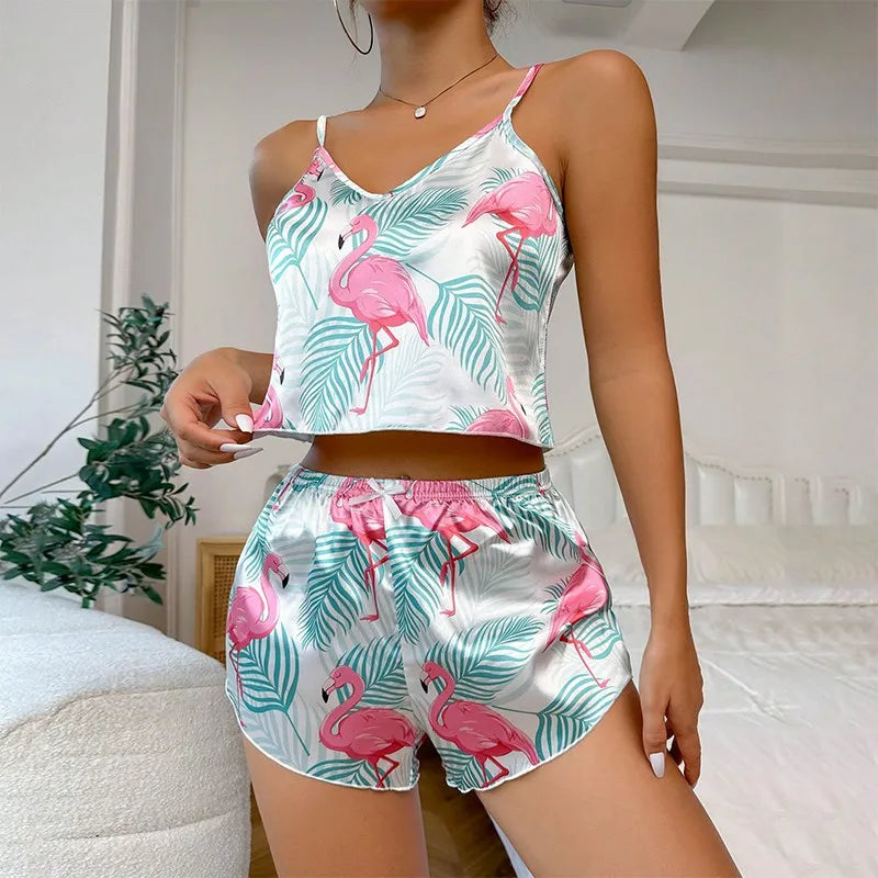 Satin Pajama Set Heart Print 2 Piece Loungewear