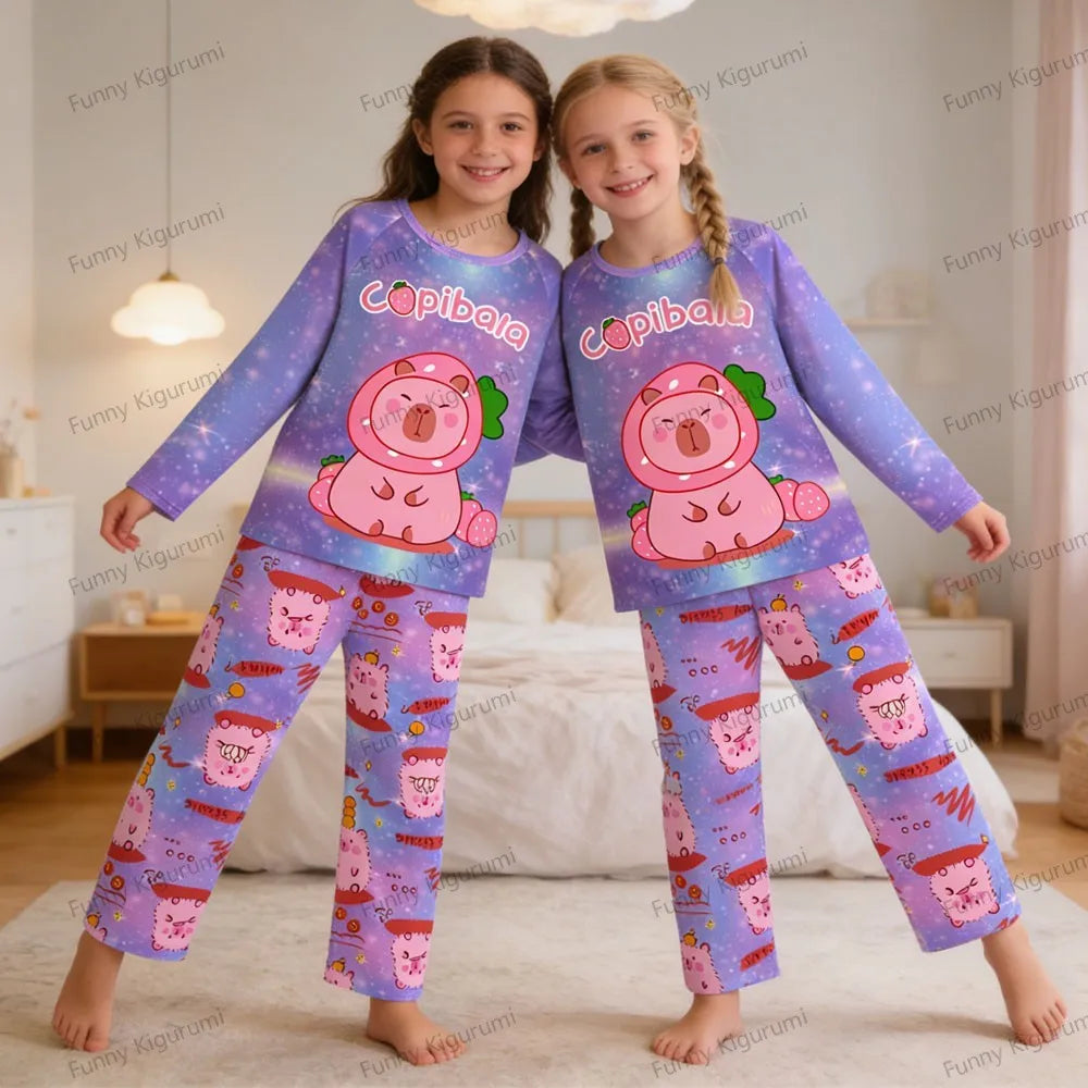 Kids Cartoon Pajama Set Capibara Long Sleeve Sleepwear