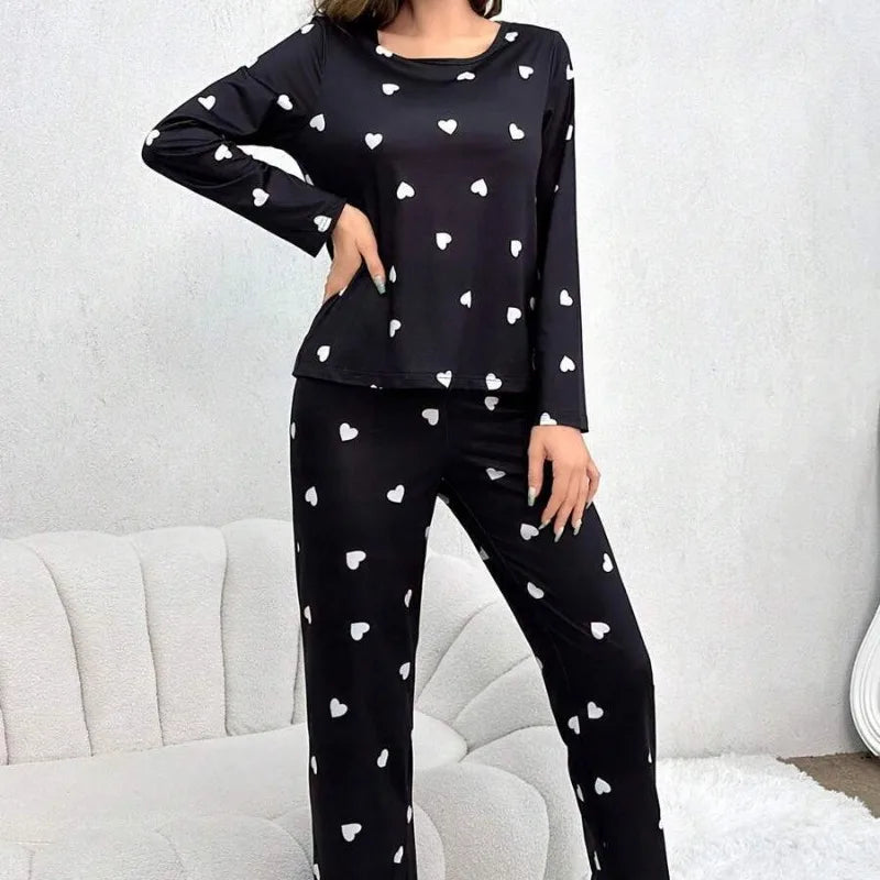 Women Pajamas Set Love Print Long Sleeve Sleepwear
