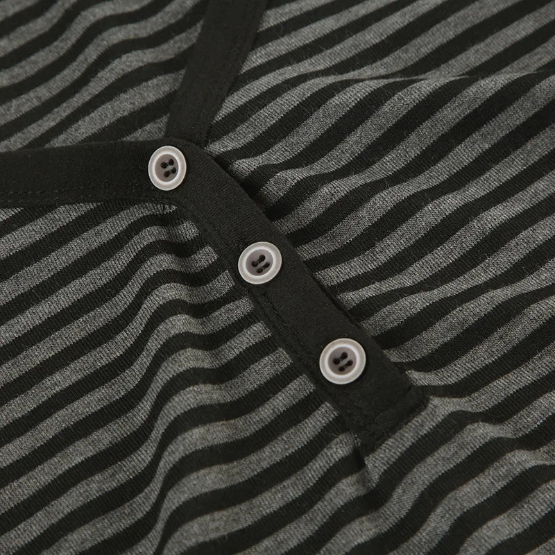 Goth T-Shirt Striped V-Neck Button-Up Slim Top