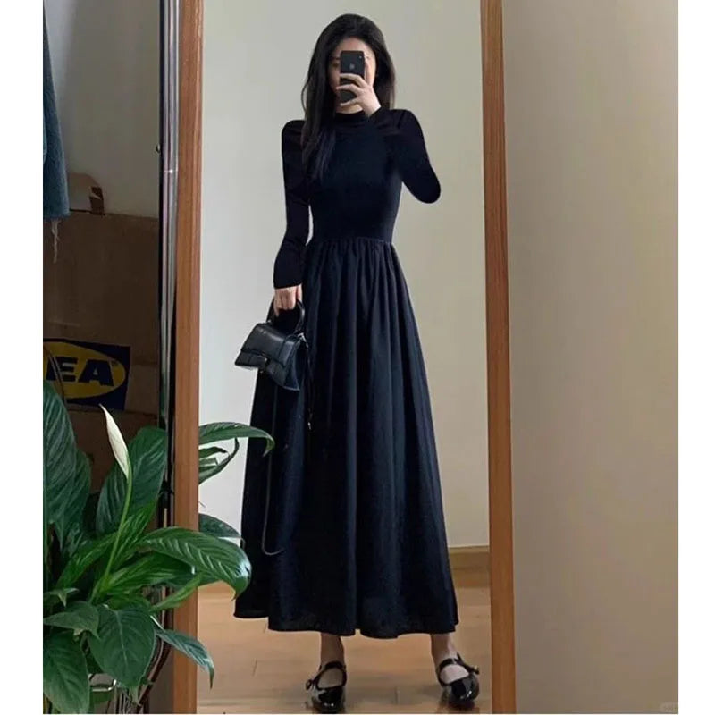 Black A-Line Dress French Style Long Sleeve Midi Dress
