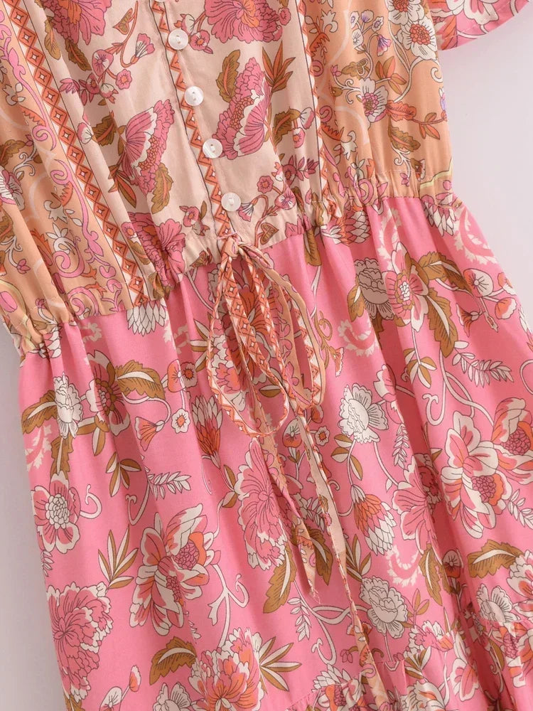 Bohemian Maxi Dress Floral Print Tie Neck Beach Dress
