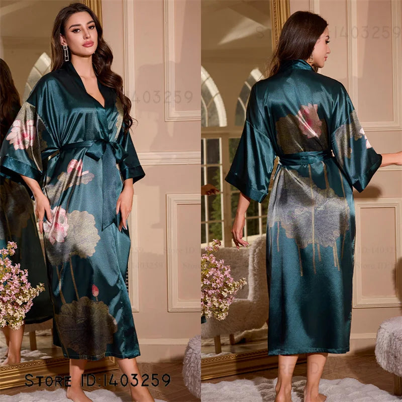 Satin Kimono Robe Chinese Style Long Bathrobe for Women