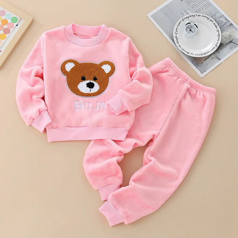 Kids Flannel Pajamas 2Pcs Warm Coral Fleece Sleepwear