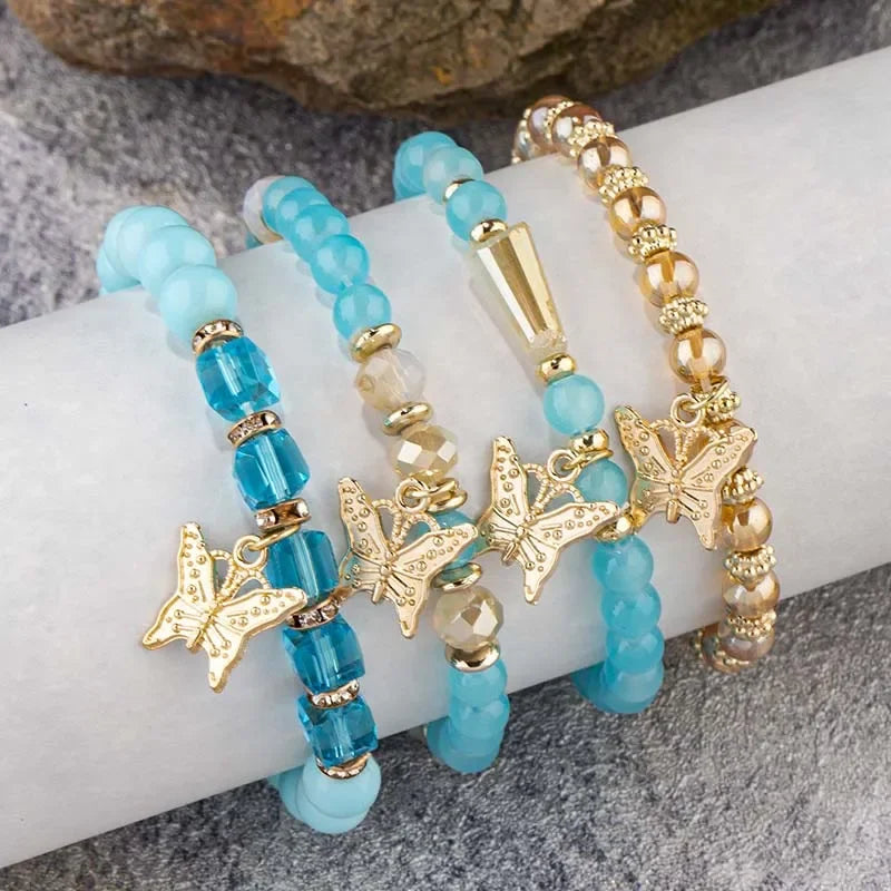 Butterfly Beaded Bracelet Set 4Pcs Pink Acrylic Beads for Women
