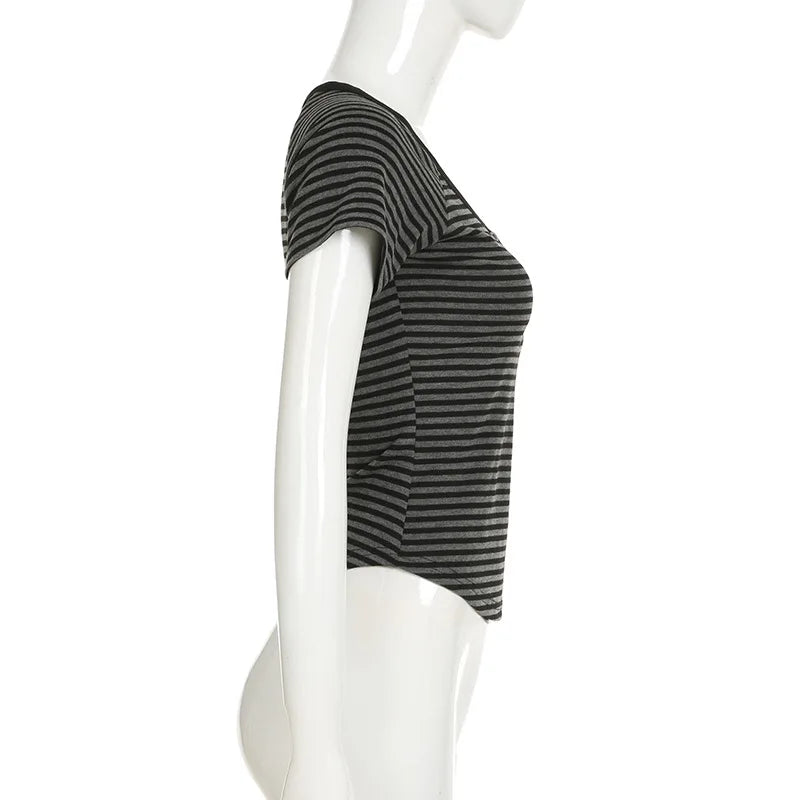 Goth T-Shirt Striped V-Neck Button-Up Slim Top