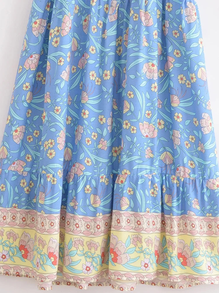 Bohemian Maxi Dress Floral Print Tie Neck Beach Dress