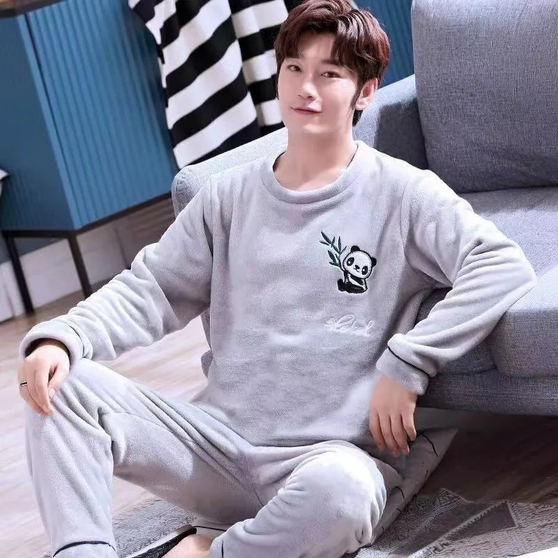 Men Coral Fleece Sleepwear 2 Piece Long Sleeve Pajama Set