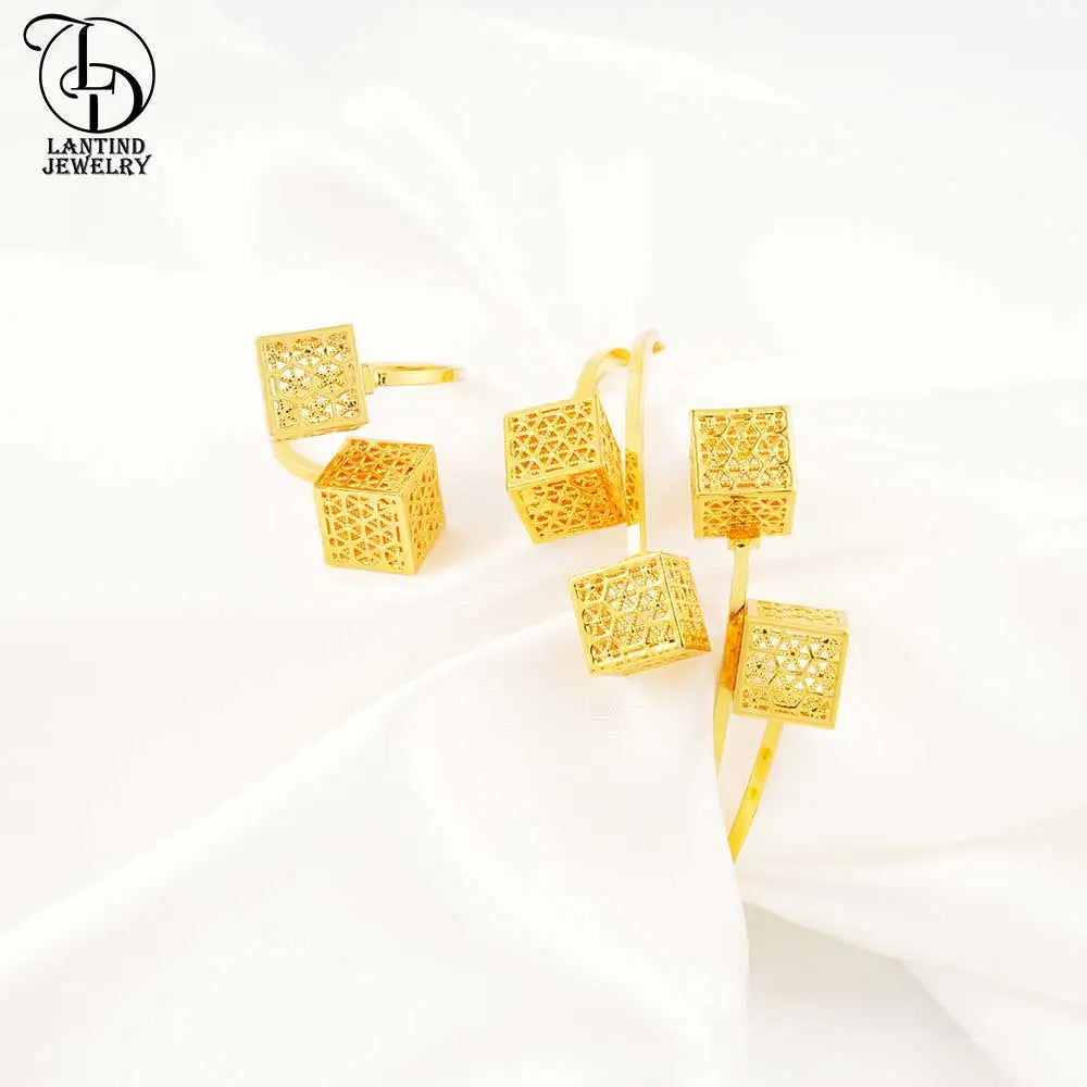 Gold-Plated Bracelet Set with Square Bracelet and Ring Jewelry