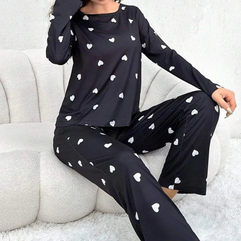 Women Pajamas Set Love Print Long Sleeve Sleepwear