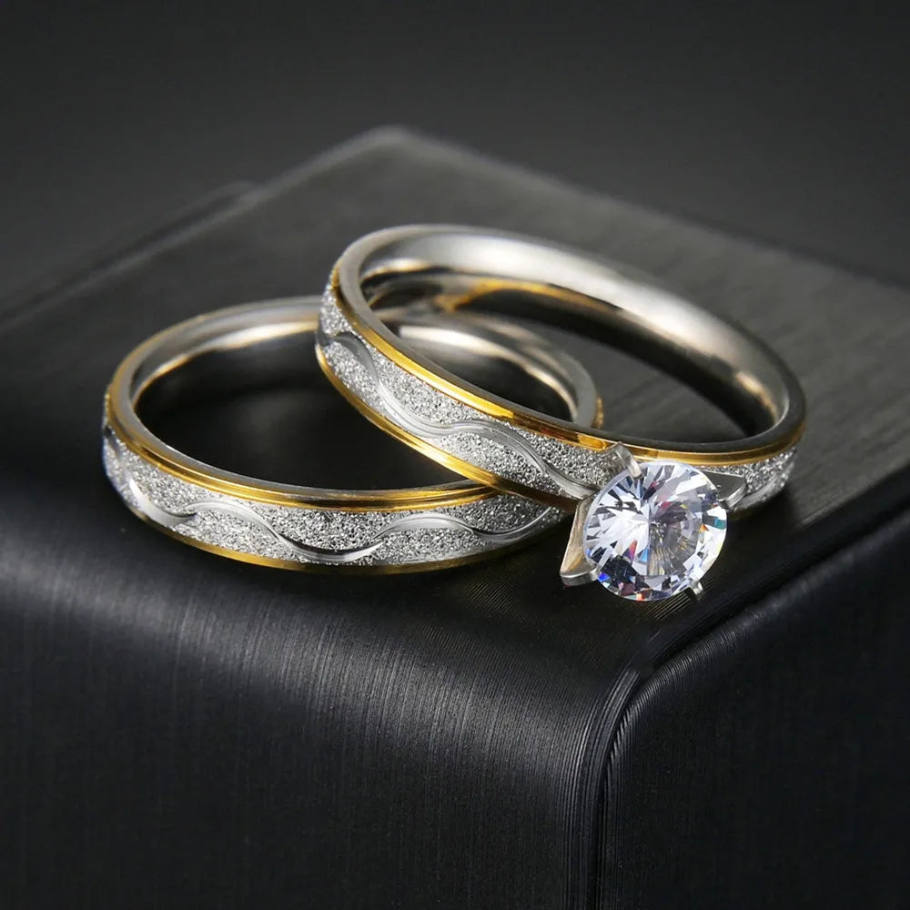 Couple Rings Zircon Women Ring and Stainless Steel Men Ring Set