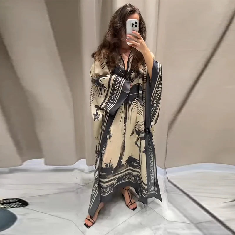 Floral Maxi Dress Oversize V-Neck Beach Dress for Women