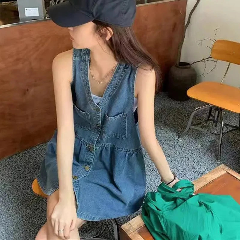 Denim Mini Dress Sleeveless A-Line Korean Style Dress