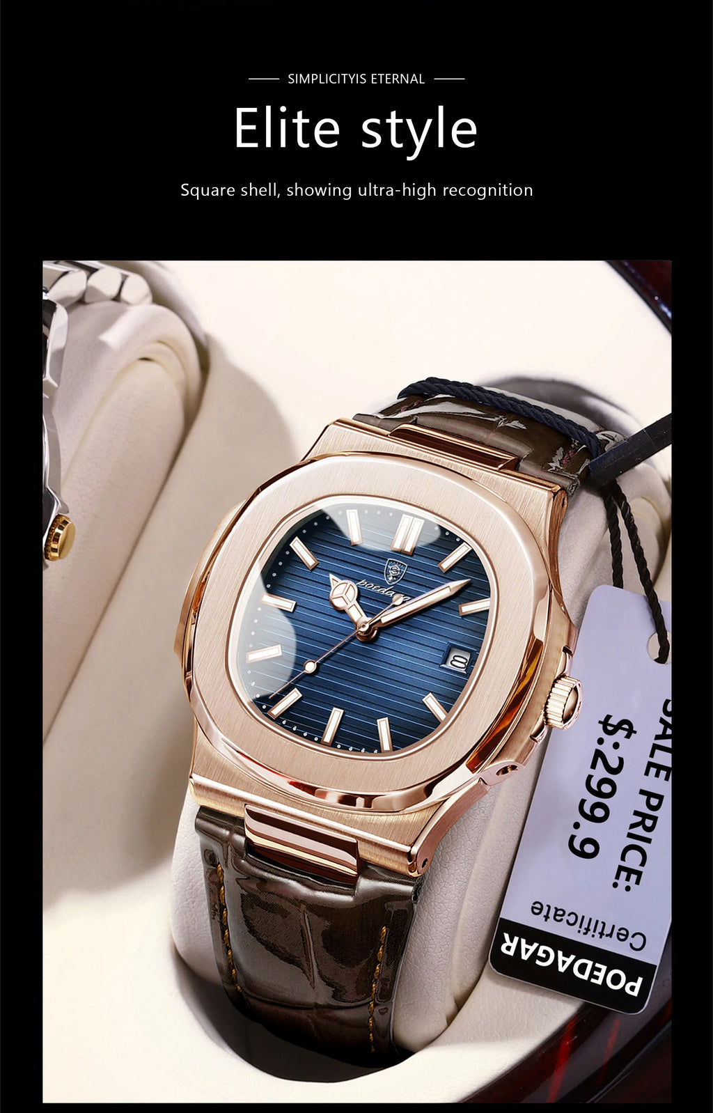 Men Leather Watch Square Waterproof Luminous Quartz Watch