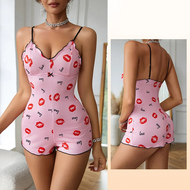 One-Piece Pajamas Red Lip Print V Neck Sleepwear