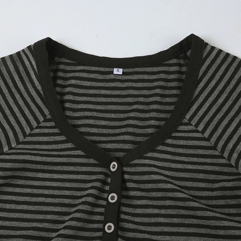 Goth T-Shirt Striped V-Neck Button-Up Slim Top