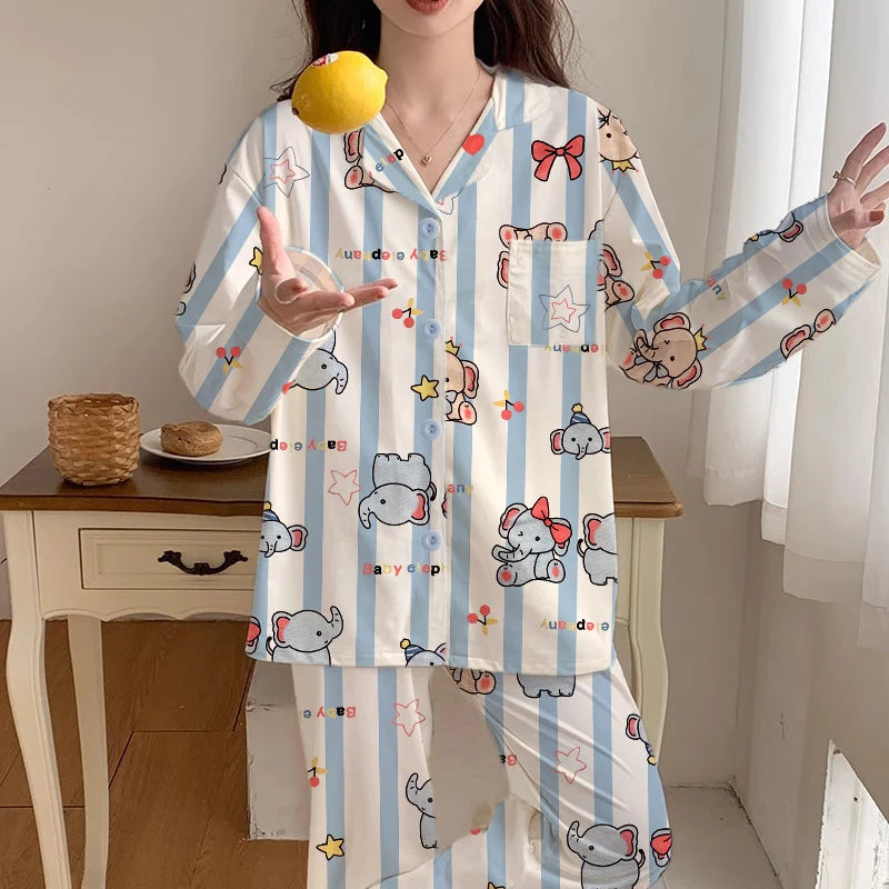 Elephant Pajama Set Cute Long Sleeve Sleepwear for Women