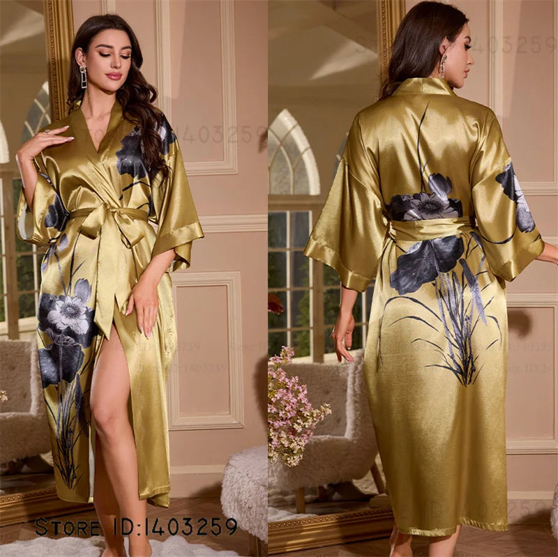 Satin Kimono Robe Chinese Style Long Bathrobe for Women