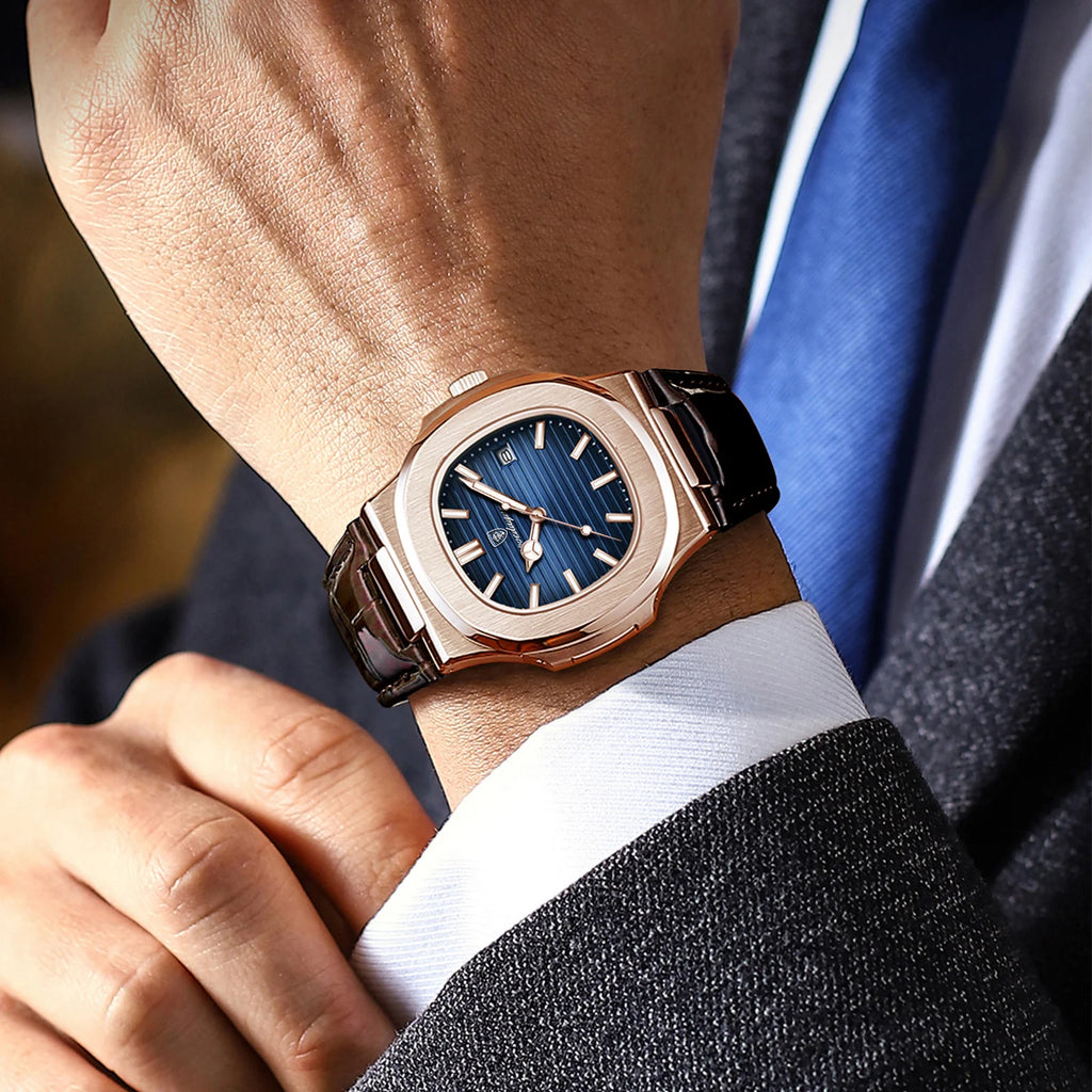 Men Leather Watch Square Waterproof Luminous Quartz Watch