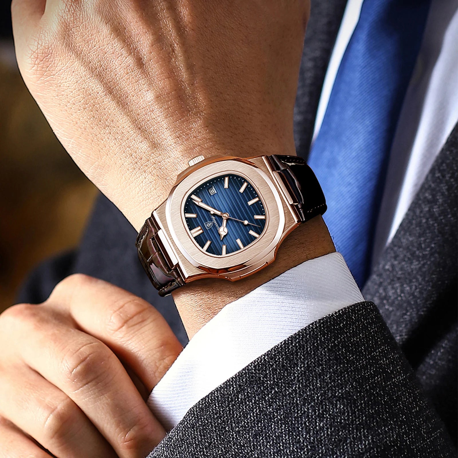 Men Leather Watch Square Waterproof Luminous Quartz Watch