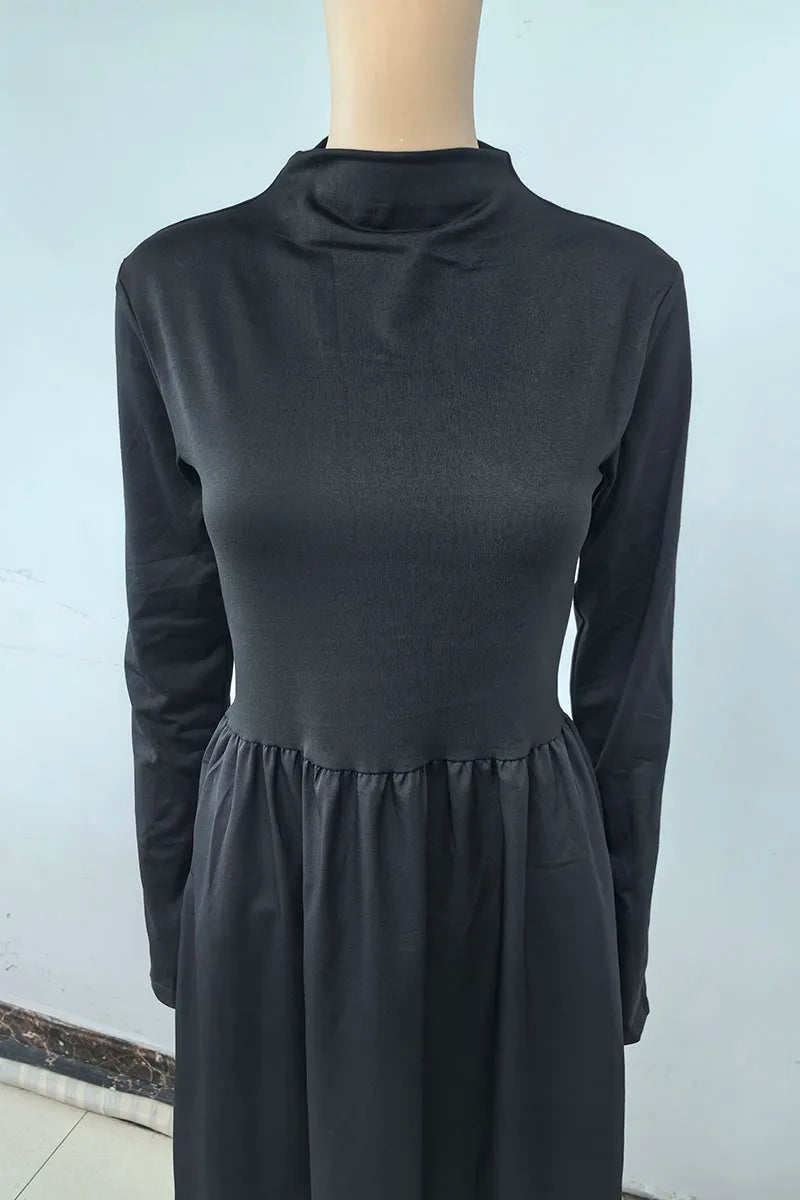 Black A-Line Dress French Style Long Sleeve Midi Dress