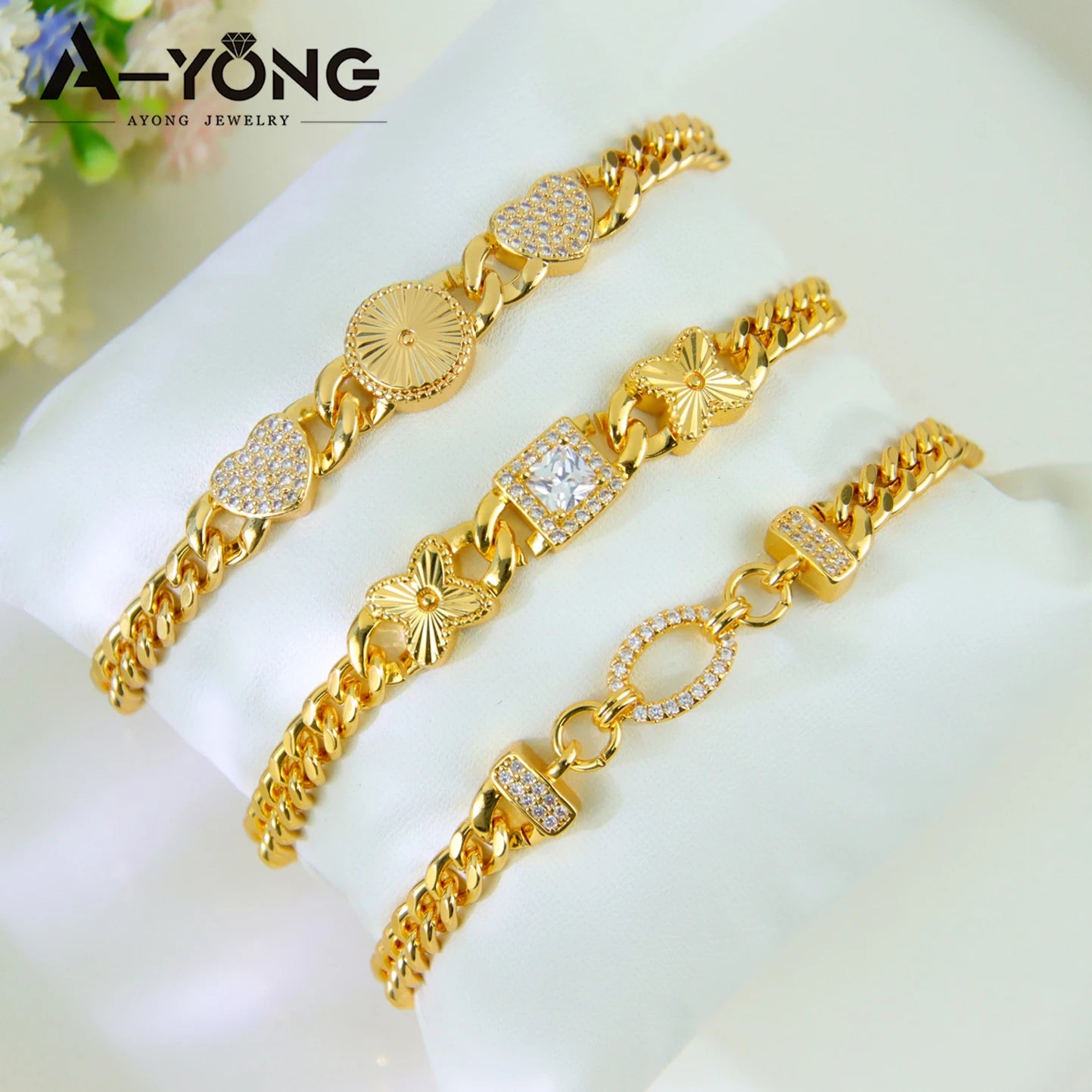 Dubai Fashion Bracelet 21K Gold Plated Zirconia Cuban Chain