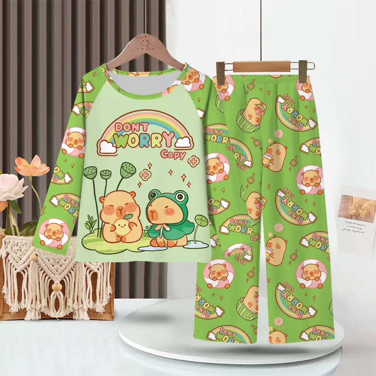 Kids Cartoon Pajama Set Capibara Long Sleeve Sleepwear