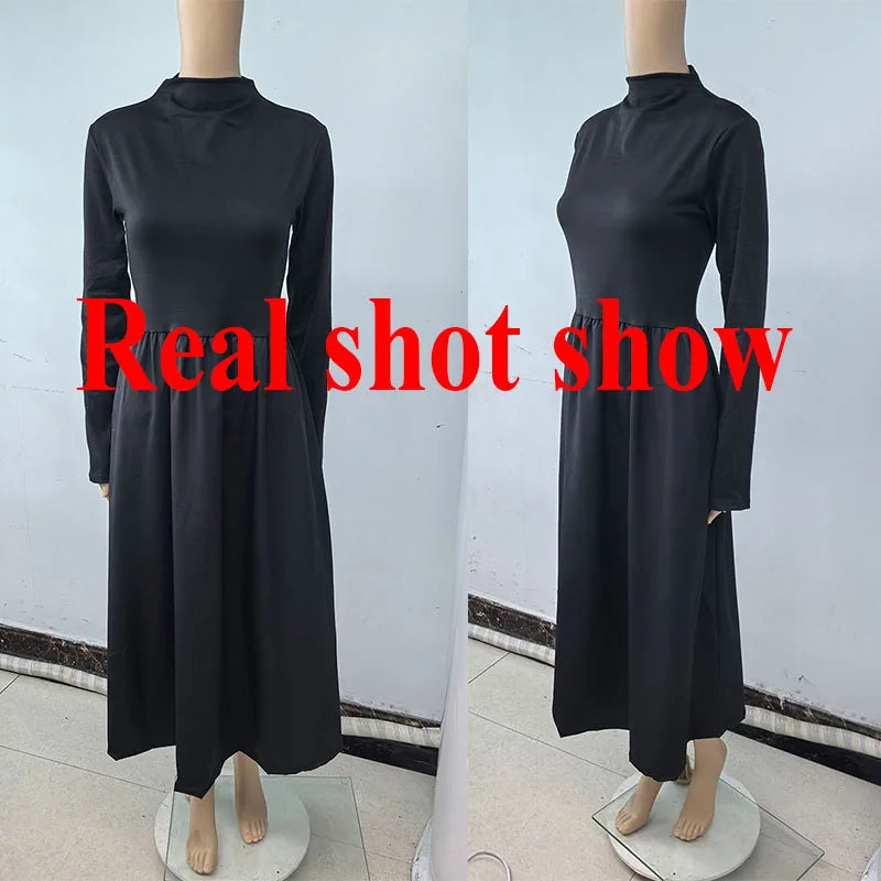 Black A-Line Dress French Style Long Sleeve Midi Dress