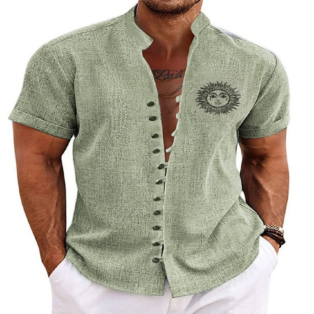 Men Linen Shirt Short Sleeve Retro Ethnic Print Shirt