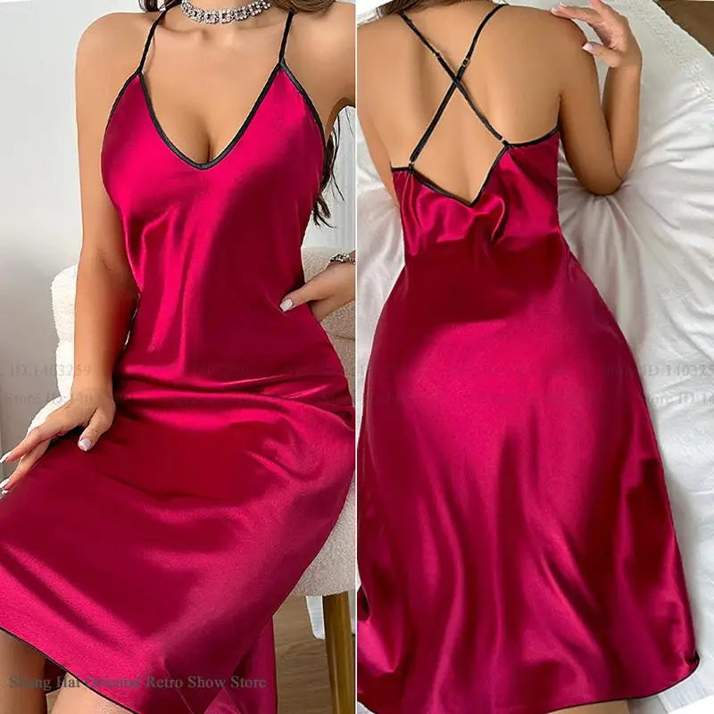 Satin Nightdress Backless Long Chemise Sleepwear