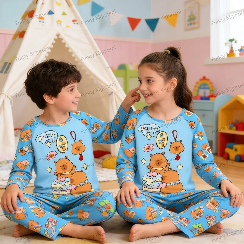 Kids Cartoon Pajama Set Capibara Long Sleeve Sleepwear