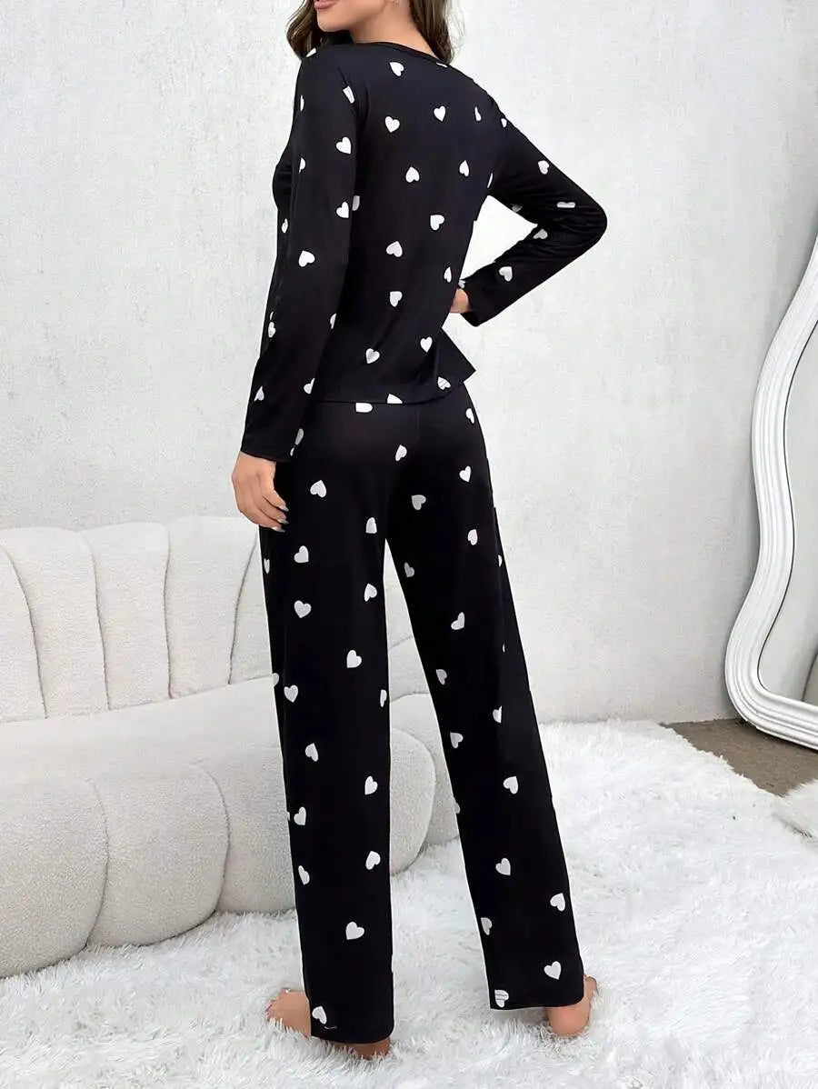 Women Pajamas Set Love Print Long Sleeve Sleepwear