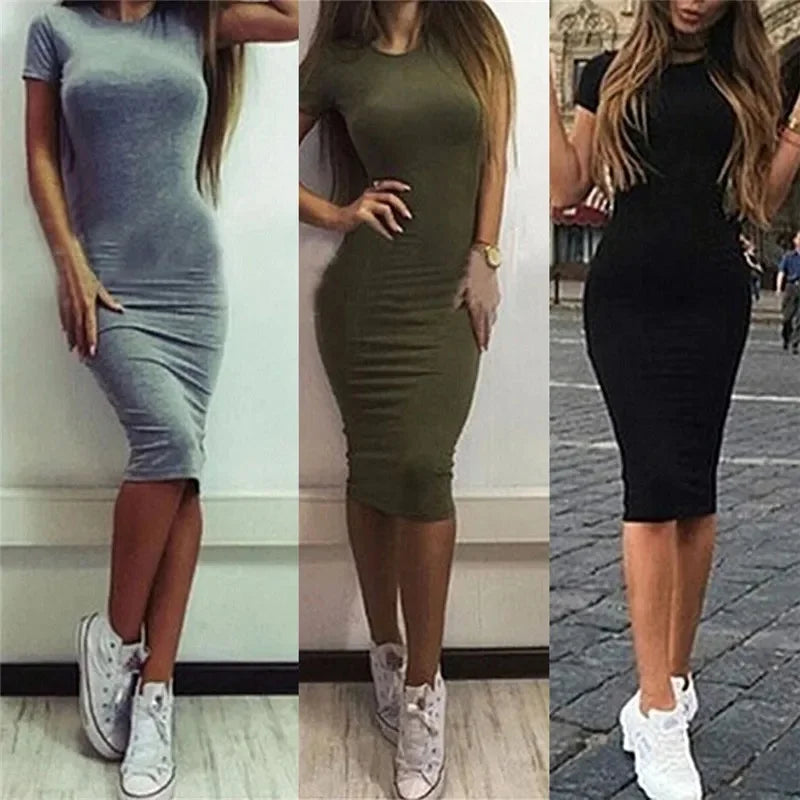 Bodycon Sheath Dress Shiny Short Sleeve Summer Dress