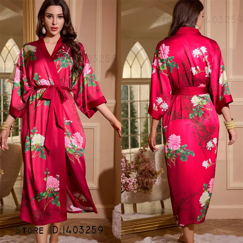 Satin Kimono Robe Chinese Style Long Bathrobe for Women
