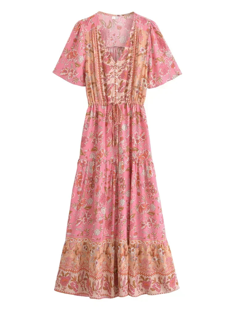 Bohemian Maxi Dress Floral Print Tie Neck Beach Dress