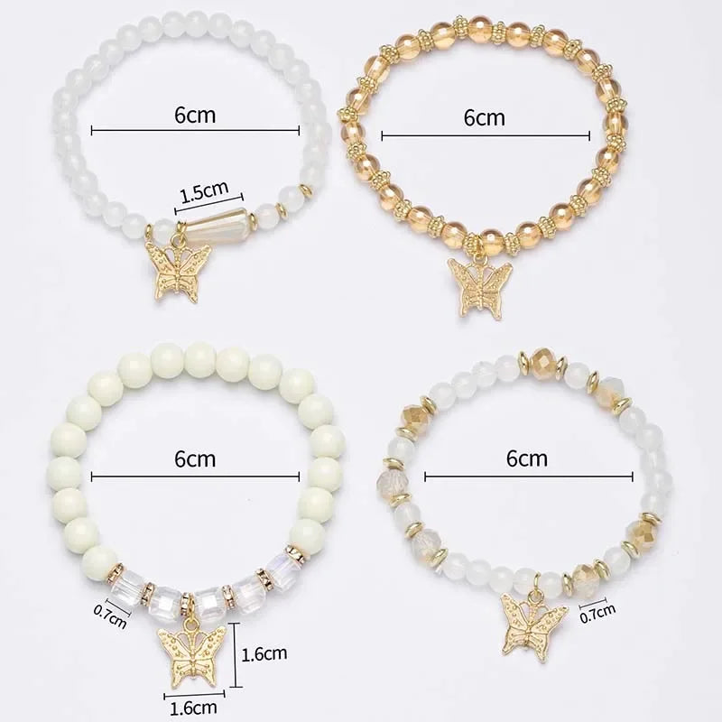 Butterfly Beaded Bracelet Set 4Pcs Pink Acrylic Beads for Women
