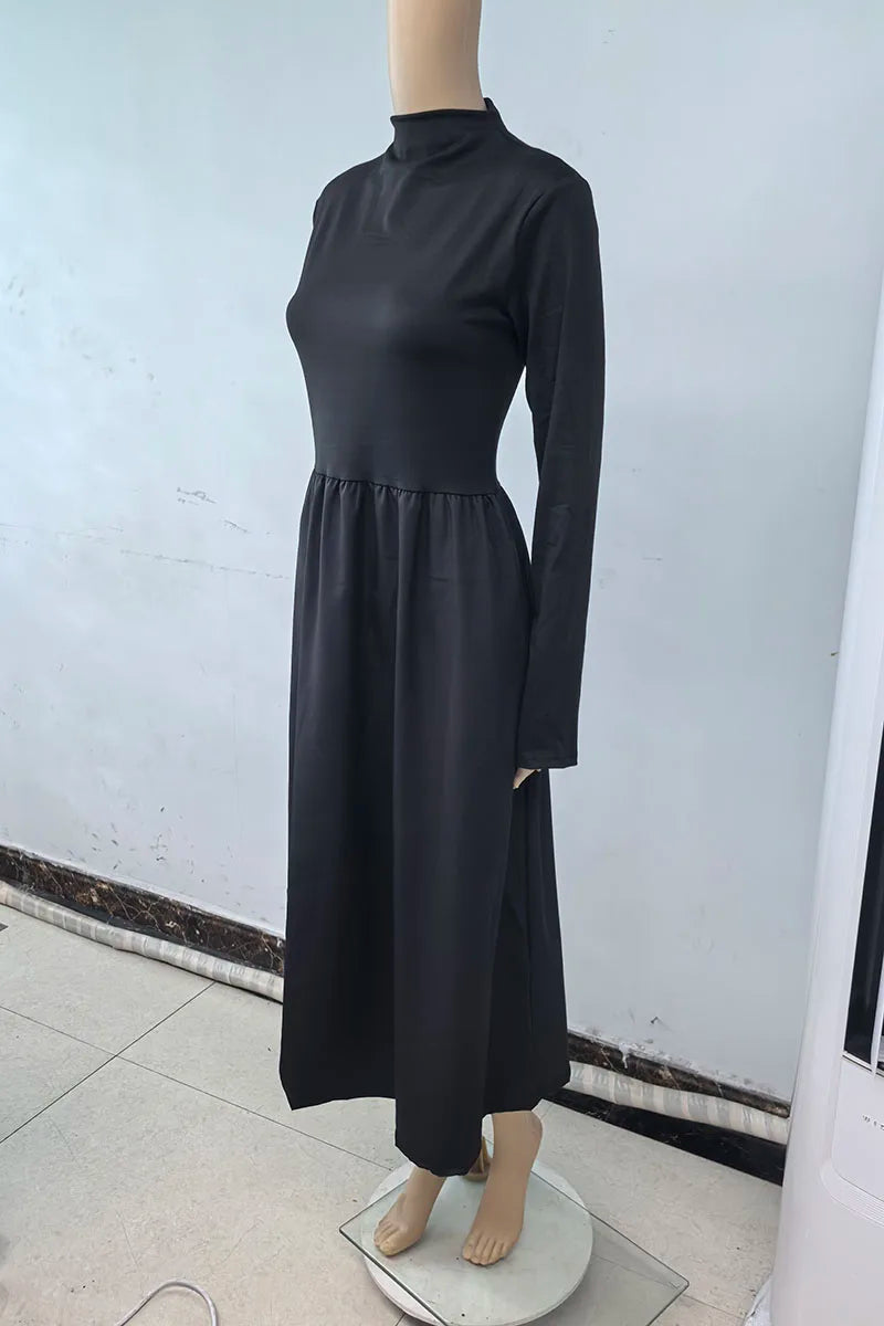 Black A-Line Dress French Style Long Sleeve Midi Dress