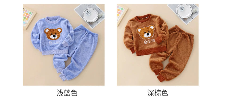 Kids Flannel Pajamas 2Pcs Warm Coral Fleece Sleepwear