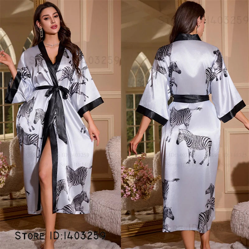 Satin Kimono Robe Chinese Style Long Bathrobe for Women
