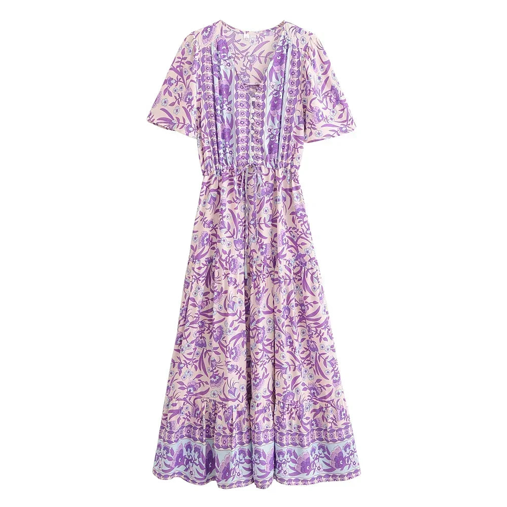 Bohemian Maxi Dress Floral Print Tie Neck Beach Dress