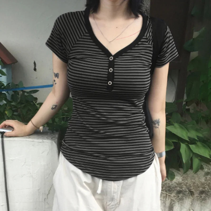 Goth T-Shirt Striped V-Neck Button-Up Slim Top