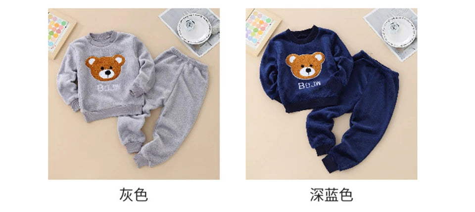 Kids Flannel Pajamas 2Pcs Warm Coral Fleece Sleepwear