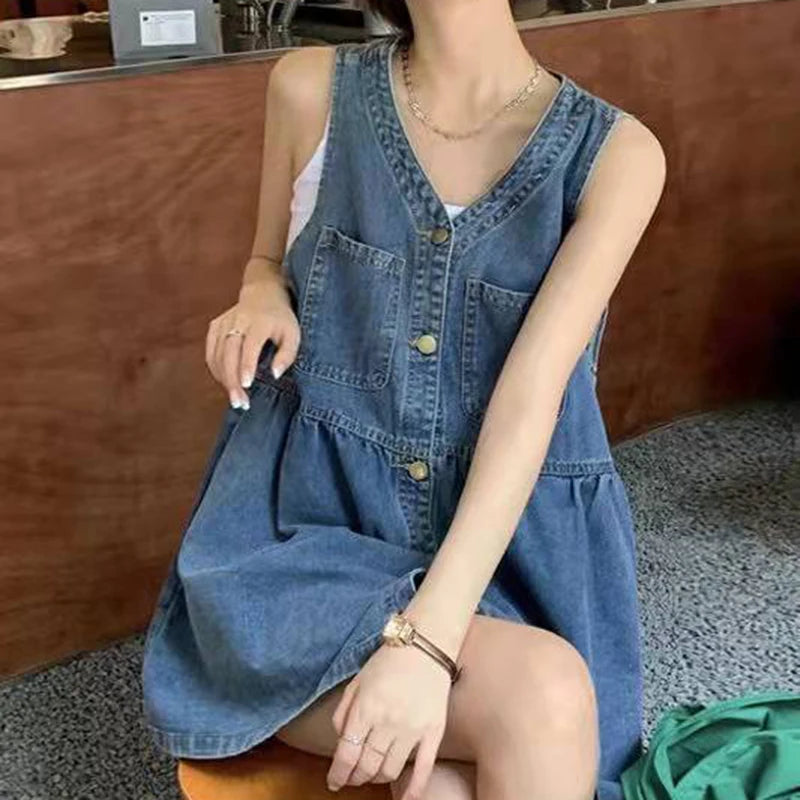 Denim Mini Dress Sleeveless A-Line Korean Style Dress
