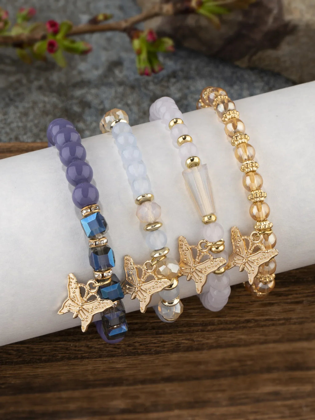 Butterfly Beaded Bracelet Set 4Pcs Pink Acrylic Beads for Women