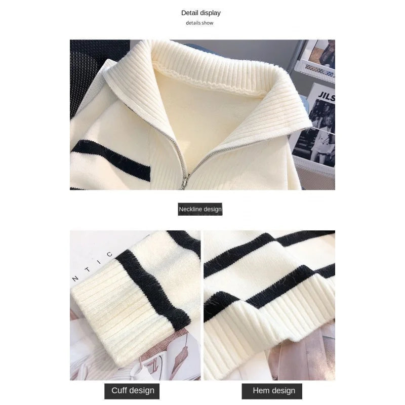 Women Pullover Sweater Zipper Stripe Short Style Top