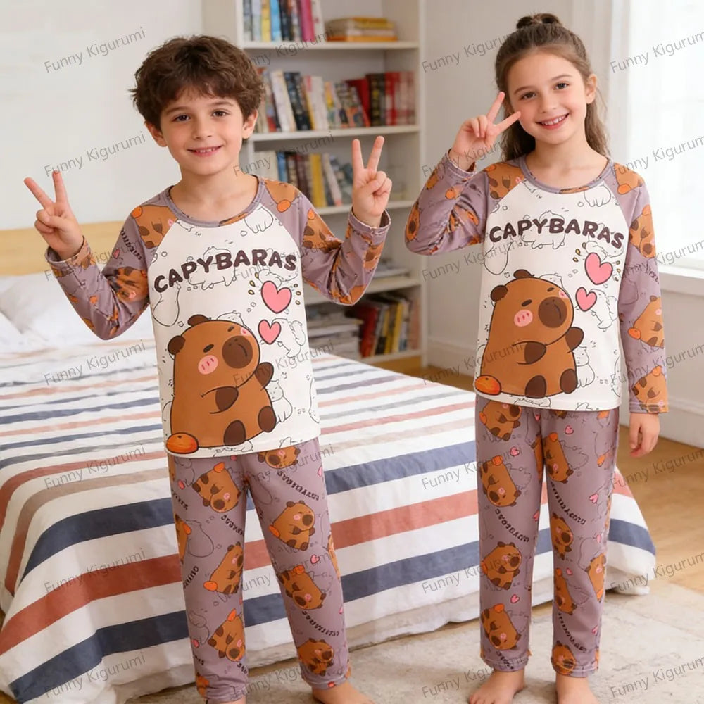 Kids Cartoon Pajama Set Capibara Long Sleeve Sleepwear