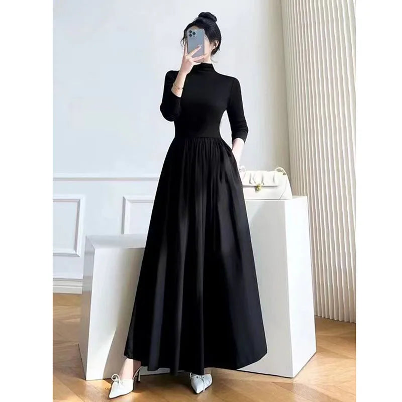 Black A-Line Dress French Style Long Sleeve Midi Dress