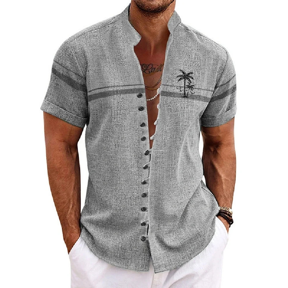 Men Linen Shirt Short Sleeve Retro Ethnic Print Shirt