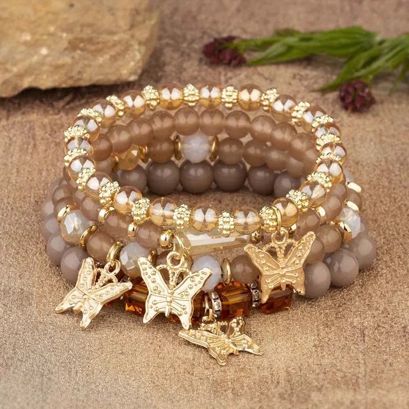 Butterfly Beaded Bracelet Set 4Pcs Pink Acrylic Beads for Women