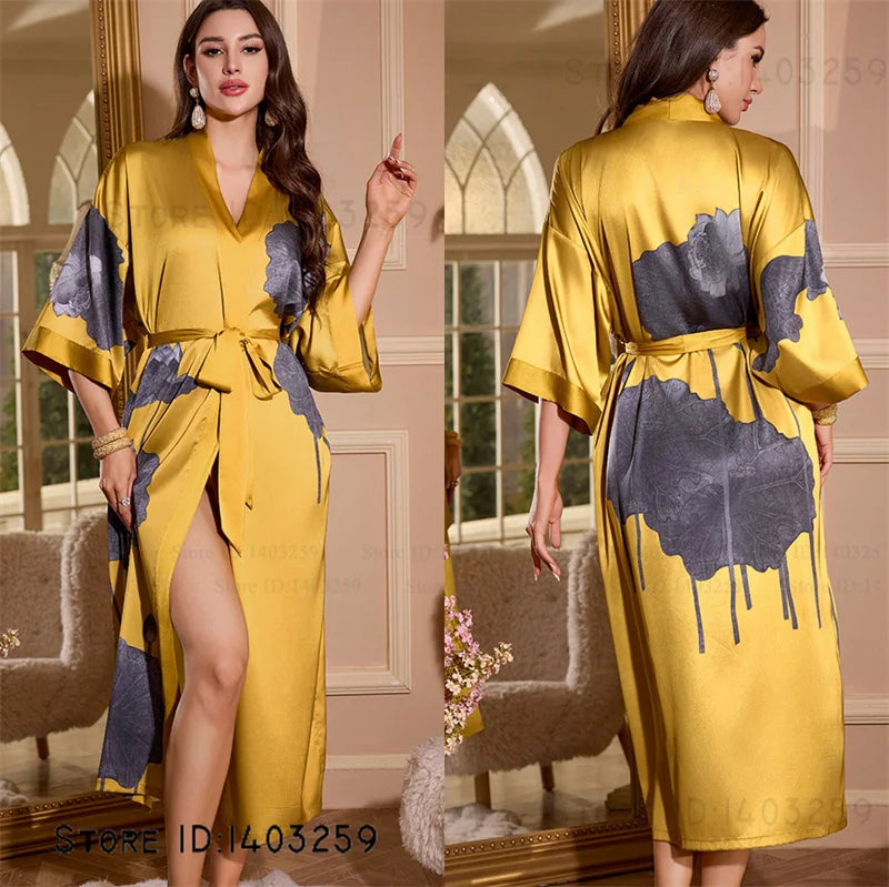 Satin Kimono Robe Chinese Style Long Bathrobe for Women
